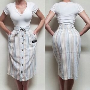 DASH Creamy Striped Linen Tie-Waist Button Up Side Pocket Midi Skirt Small